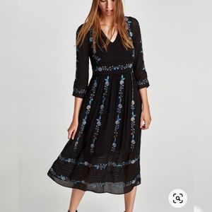 Zara Black Embroidered Midi Dress Flowers Size XS